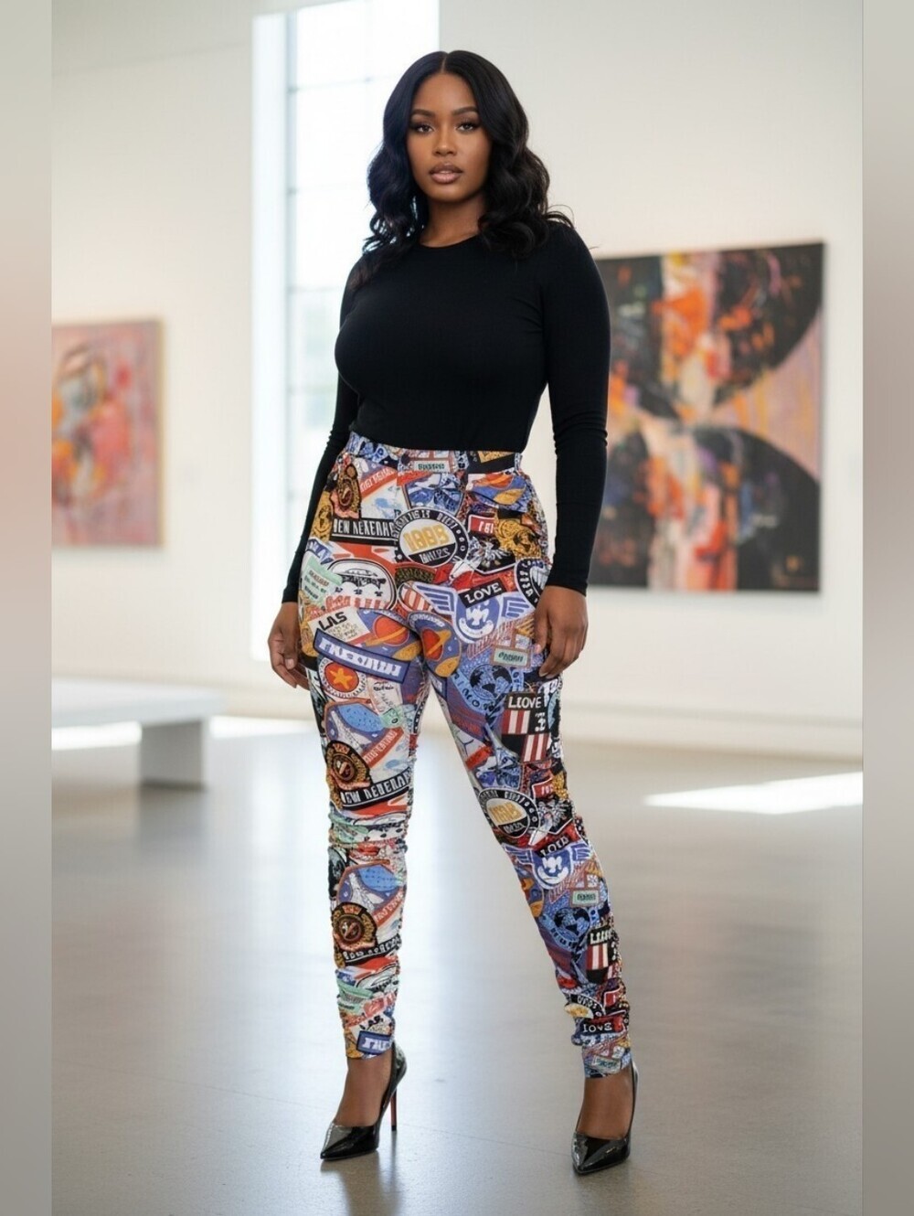 Plus Size High Waisted Side Ruched Patterned Pants - MultiColor Size-2X